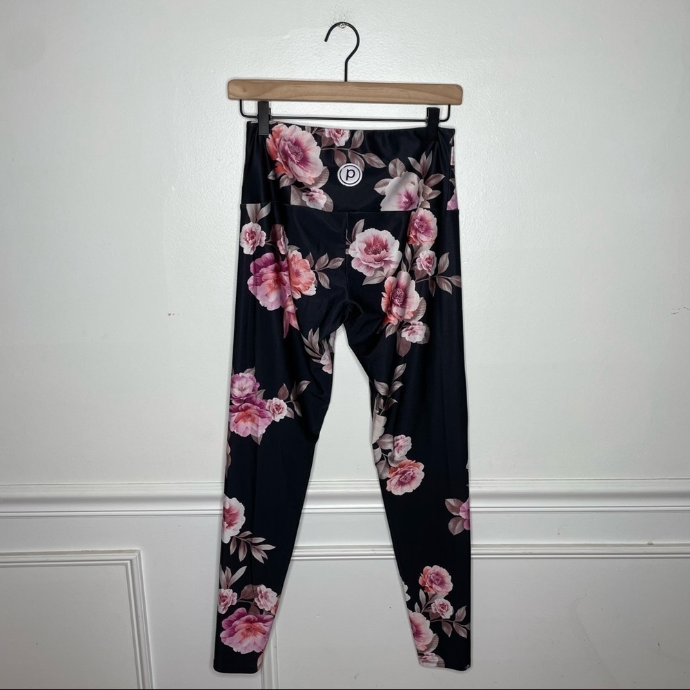 Onzie Hot Yoga High Rise Black Pink Floral Pure Barre Full Length Legging M/L - Picture 8 of 8